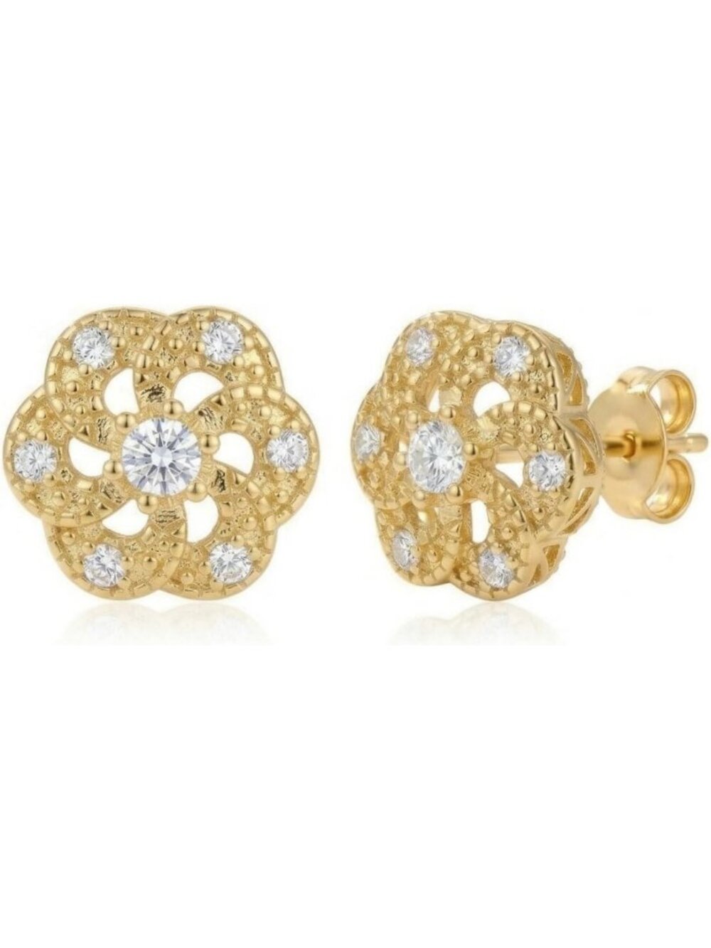 14k Gold Flower Stud Earrings for Women, CZ Push Back, 8mm/10mm, Elegant Jewelry